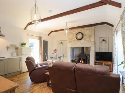 a living room with a couch and a fireplace at The Forge in Falmouth