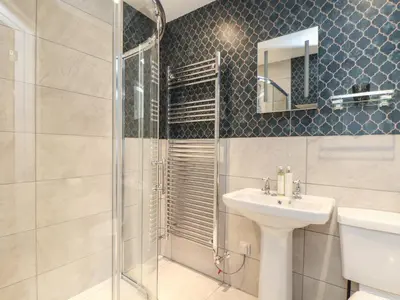 a bathroom with a shower and a sink and a toilet at The Forge in Falmouth