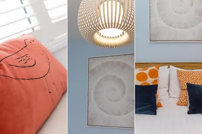 a collage of pictures of pillows and a chandelier at Sea Bre in St Ives