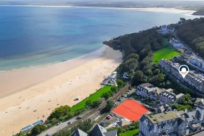 an aerial view of a beach and the ocean at Sea Bre in St Ives