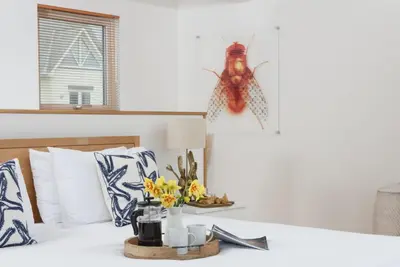 a bed with a bug hanging on the wall at Treheyl, Pentire, Newquay in Newquay