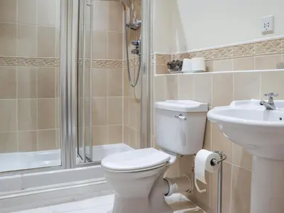 a bathroom with a toilet and a sink and a shower at Celeste in Carbis Bay