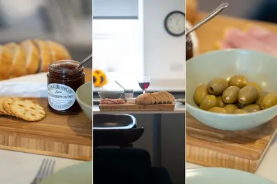 a collage of three pictures of food and a bowl of olives at Karibu - Boutique Cottage with Parking - Short walk to Beach in St Ives