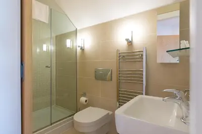 a bathroom with a toilet and a shower and a sink at Ithaca in St Ives