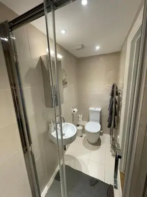 a bathroom with a toilet and a sink at Fuchsia Cottage in Flushing
