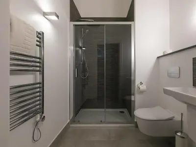 a bathroom with a shower and a toilet and a sink at The Oyster in St Ives