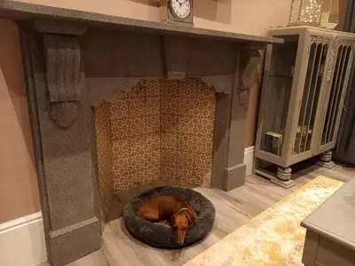 a dog sleeping in a dog bed in a fireplace at The Stannary in Helston