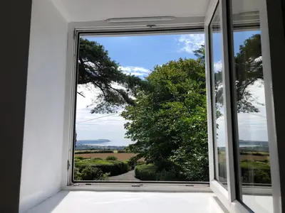 a window with a view of a tree at Bay View Cottage in St Austell