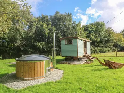 a tiny house and a tub in a field at Fern in Bude
