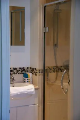 a bathroom with a shower and a sink at Blue Sky Bed and Breakfast in St Ives