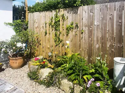 a garden with flowers and a wooden fence at Chi Lowen in Camborne
