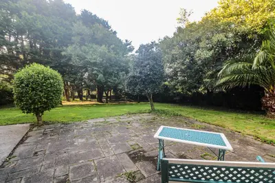a park with two benches and a field with trees at Yngywidden in Penzance