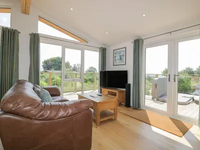 a living room with a leather couch and a television at 2 Faraway Fields in Liskeard