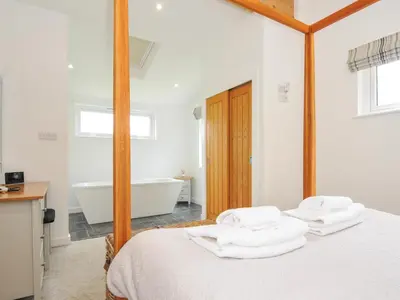 a bedroom with a bed with a mirror and a tub at 1 Horizon View in Liskeard