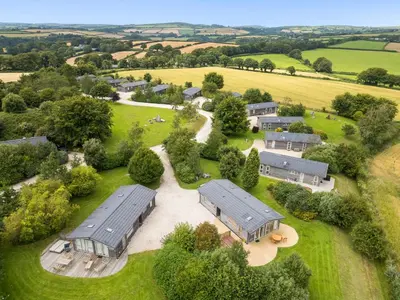 an aerial view of a home with a barn at 3 Horizon View in Liskeard