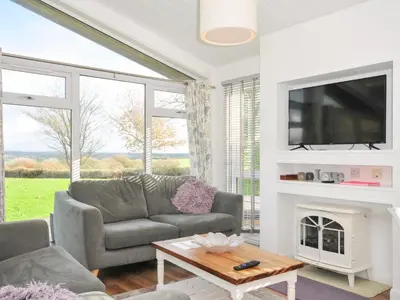a living room with a couch and a fireplace at 9 Horizon View in Liskeard
