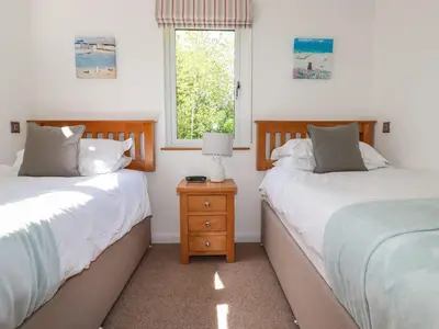 a bedroom with two beds and a window at 5 Meadow Retreat in Liskeard