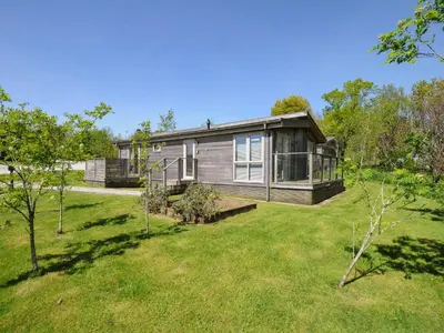 a cabin in the middle of a yard with trees at 19 Meadow Retreat in Liskeard