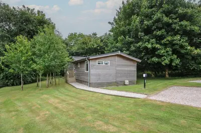 a small building in a yard with trees at 24 Meadow Retreat in Liskeard