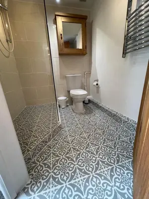 a bathroom with a toilet and a glass shower at Fulmar Cottage in Mevagissey
