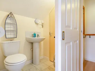 a bathroom with a toilet and a sink at Mortreth in Porthtowan