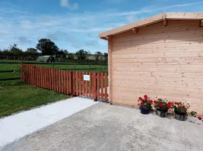 a wooden building with flowers in pots next to a fence at Cosy cabin for two in Truro