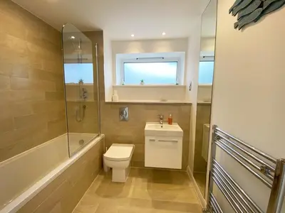a bathroom with a toilet and a shower and a sink at 2 Watergate View in Newquay