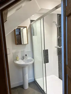a white bathroom with a sink and a shower at The Old Stable - Flat 1 in Wadebridge