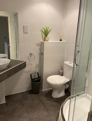 a bathroom with a toilet and a sink and a shower at Cornish Point in Newquay