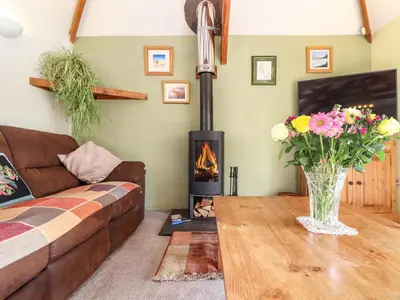 a living room with a fireplace and a couch at Larch Barn in Helston
