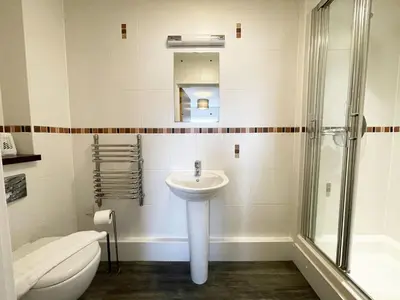a bathroom with a sink and a shower and a toilet at 33 Ocean one in Newquay