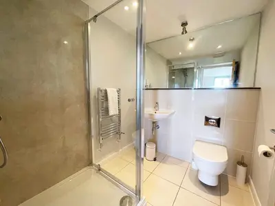 a bathroom with a shower and a toilet and a sink at 38 Zinc in Newquay