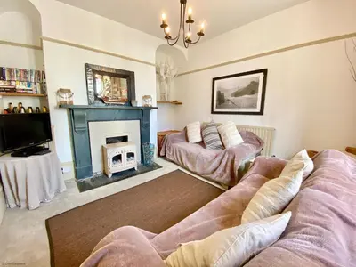 a living room with a couch and a fireplace at Camel Cottage in Padstow