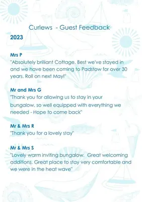 a screenshot of a text message about the guest feedback process at Curlews, 36 Egerton Road in Padstow