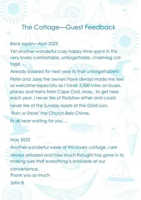 a flyer for the cause guest feedback event with a text box at The Cottage in Padstow