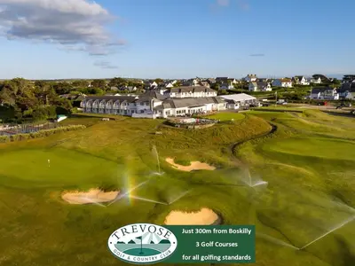 an aerial view of the golf course at the herosos resort at Boskilly in St Merryn