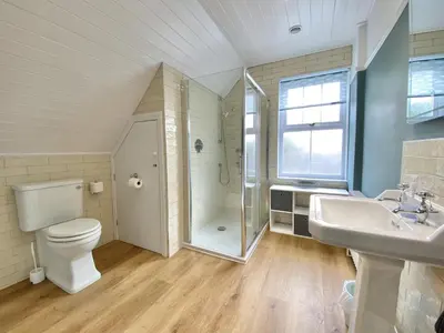 a bathroom with a toilet and a shower and a sink at Treaaron in St Merryn