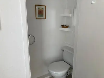 a white bathroom with a toilet and a picture on the wall at Grey Mullet Guest House in St Ives