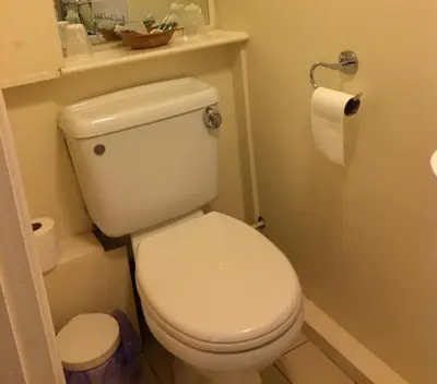 a bathroom with a white toilet and a roll of toilet paper at Grey Mullet Guest House in St Ives