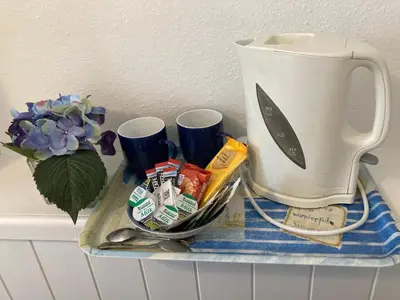 a counter with a coffee maker and a vase with flowers at Grey Mullet Guest House in St Ives