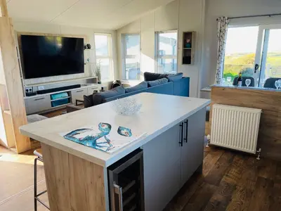 a kitchen and living room with a kitchen island with two birds on it at C-Scape Lodge in Newquay