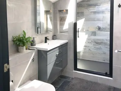 a bathroom with a sink and a mirror and a shower at Little Fursdon Apartment in Liskeard
