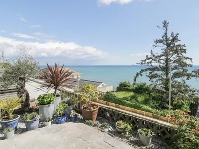 a view of the ocean from a house with potted plants at Raven Cottage in Torpoint