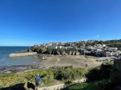 a man standing on a cliff near the ocean at Folly 1, Port Isaac Bay Holidays in Port Isaac