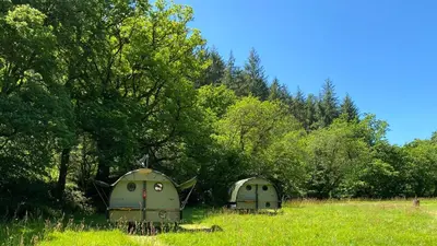 a couple of tents sitting in a field next to trees at Exclusive Use Riverside Landpods at Wildish Cornwall in Bodmin