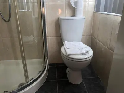 a bathroom with a toilet and a shower with towels at Southcote Accommodation in Tintagel