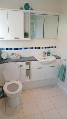 a bathroom with a white toilet and a sink at Curlews Cottage - House with 3 bedrooms and garden - walking distance to the beach in Perranporth