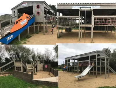 a collage of four pictures of a playground at Honeycomb Lodge - Holiday Home 5 min from Padstow in Padstow