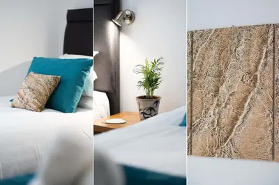 two pictures of a bedroom with a bed and a plant at Trevelyan in St Ives