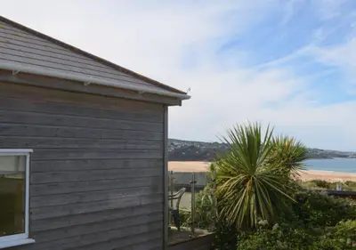 a house with a view of the ocean and a palm tree at C23 Wilmar, Riviere Towans in Hayle